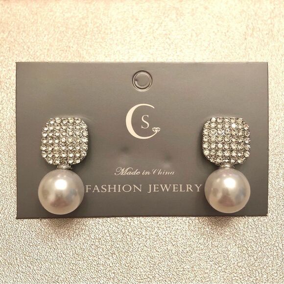 Pave CZ and Faux Pearl Drop Earrings | Silver Tone | 1” Length - Picture 1 of 2